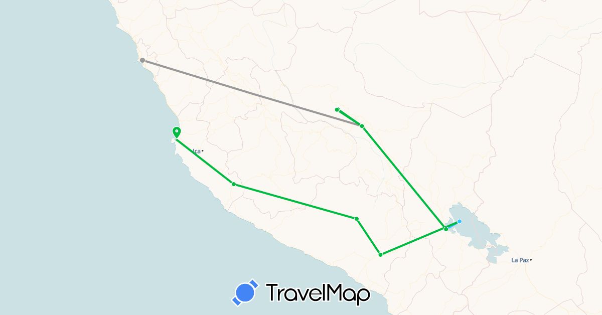 TravelMap itinerary: driving, bus, plane, boat in Peru (South America)